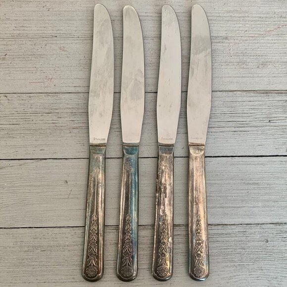 Meriden Other - 4 Meriden Silverplate Delight Knives Dinner Knife Floral Vintage 50s HTF Set 8.5